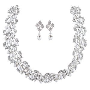 Bridal Wedding Jewelry Set Rhinestone Pearl Leaf